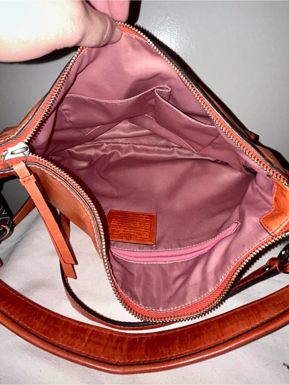 Coach Poppy Tangerine Waxed Leather Distressed Swing Messenger Hobo Purse - Picture 11 of 12